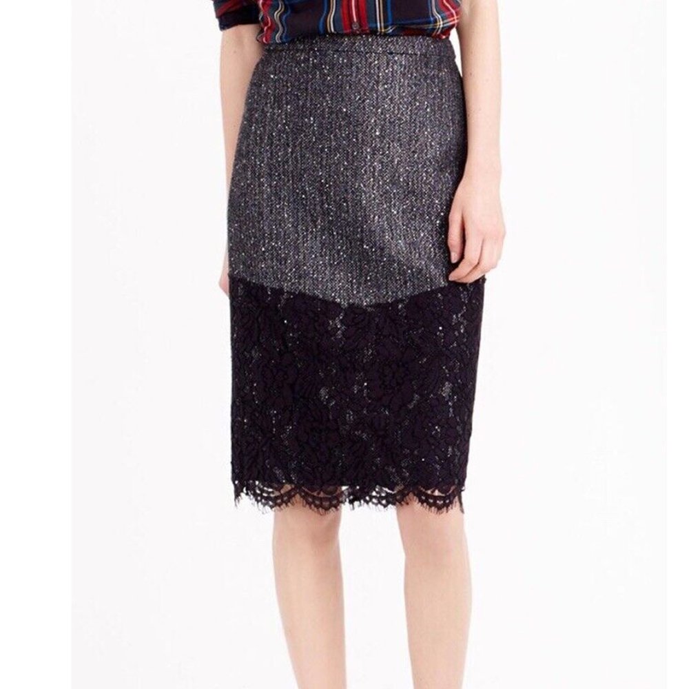 J. Crew Gray Tweed with Black Lace The Perfect Party Pencil Skirt Size 10 NWT